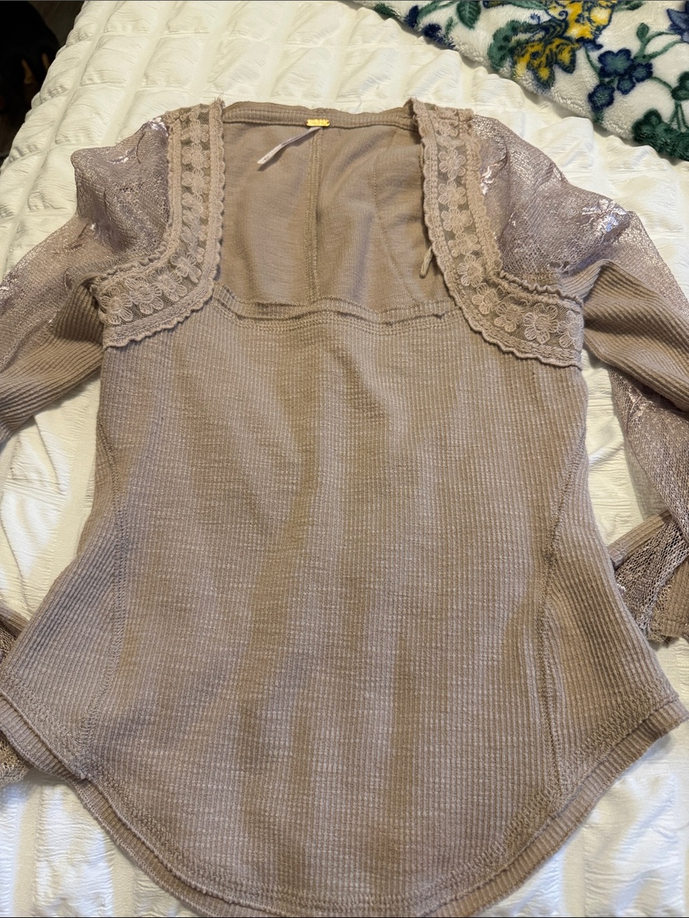 Free People Neutral Beige Ribbed Knit Top with Gold Trim
